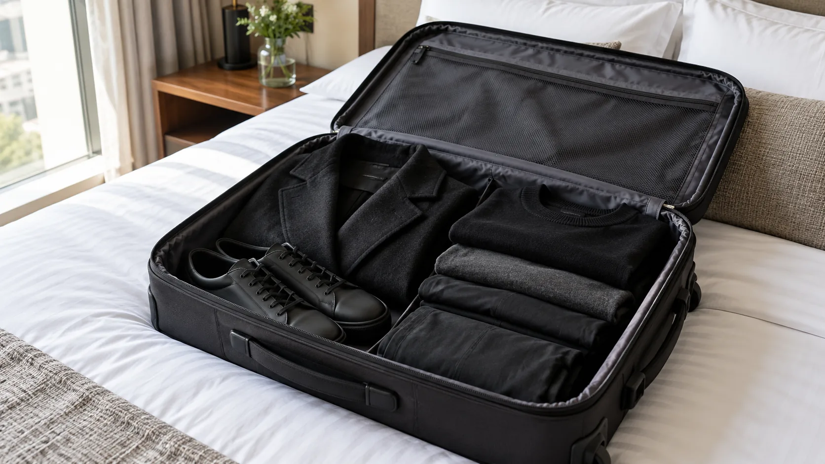 Open suitcase on a hotel bed with folded dark clothes, a dark jacket and one pair of plain shoes