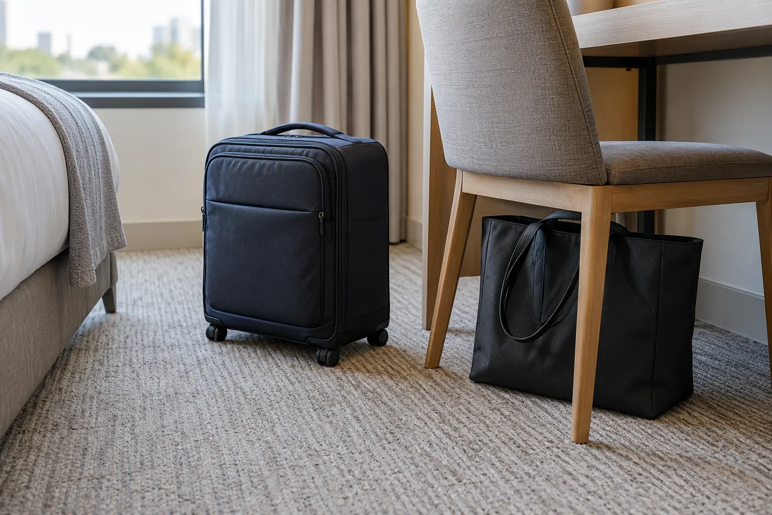 A small plain tote beside a chair, next to a closed spinner bag