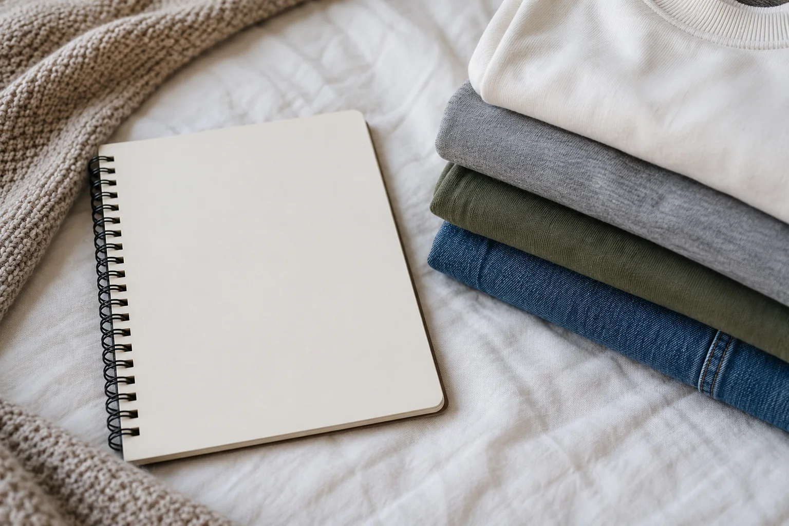 Blank notebook beside a stack of folded plain shirts and jeans