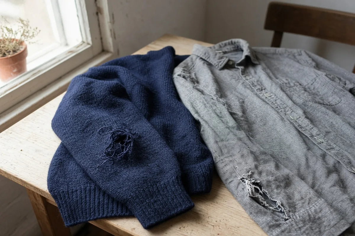 A navy knit with a sleeve hole beside a grey woven shirt with a torn side