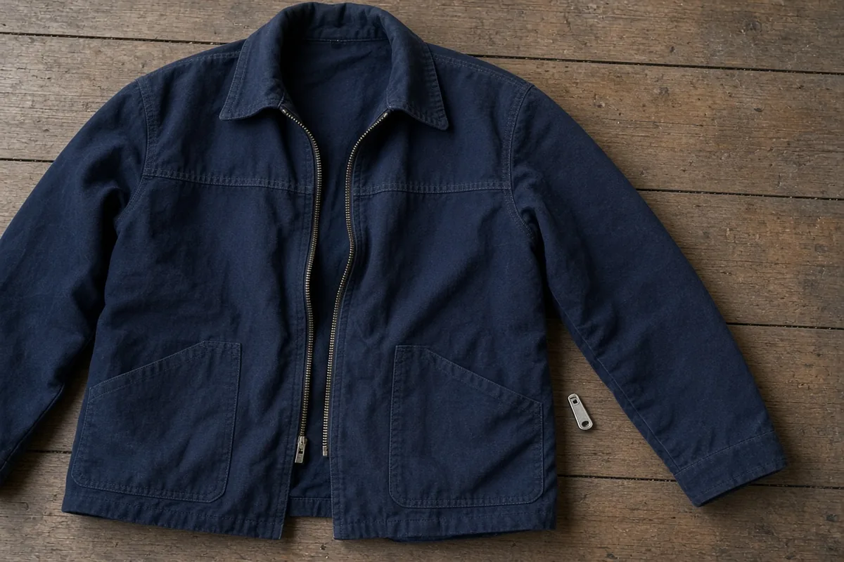 A navy jacket on a wood floor with the zipper open and the pull beside the cloth