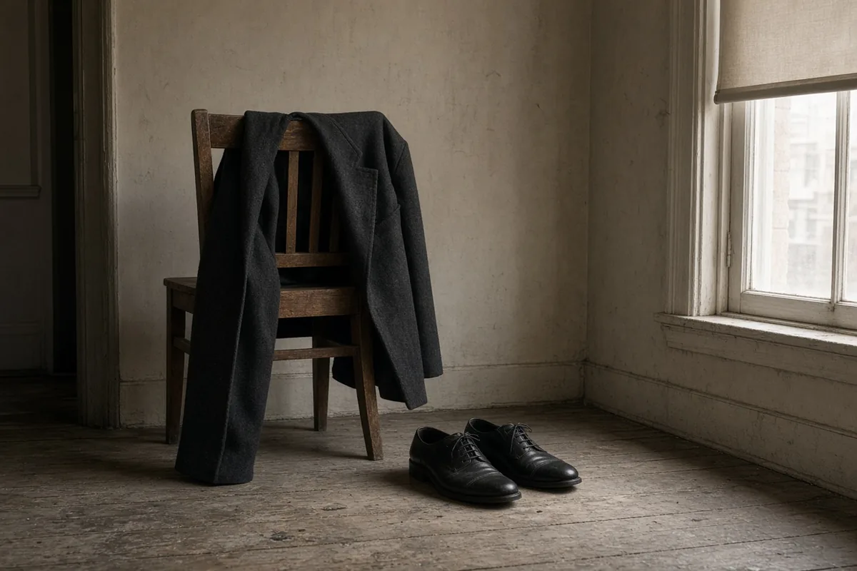 Black shoes on the floor beside a dark wool garment on a wooden chair
