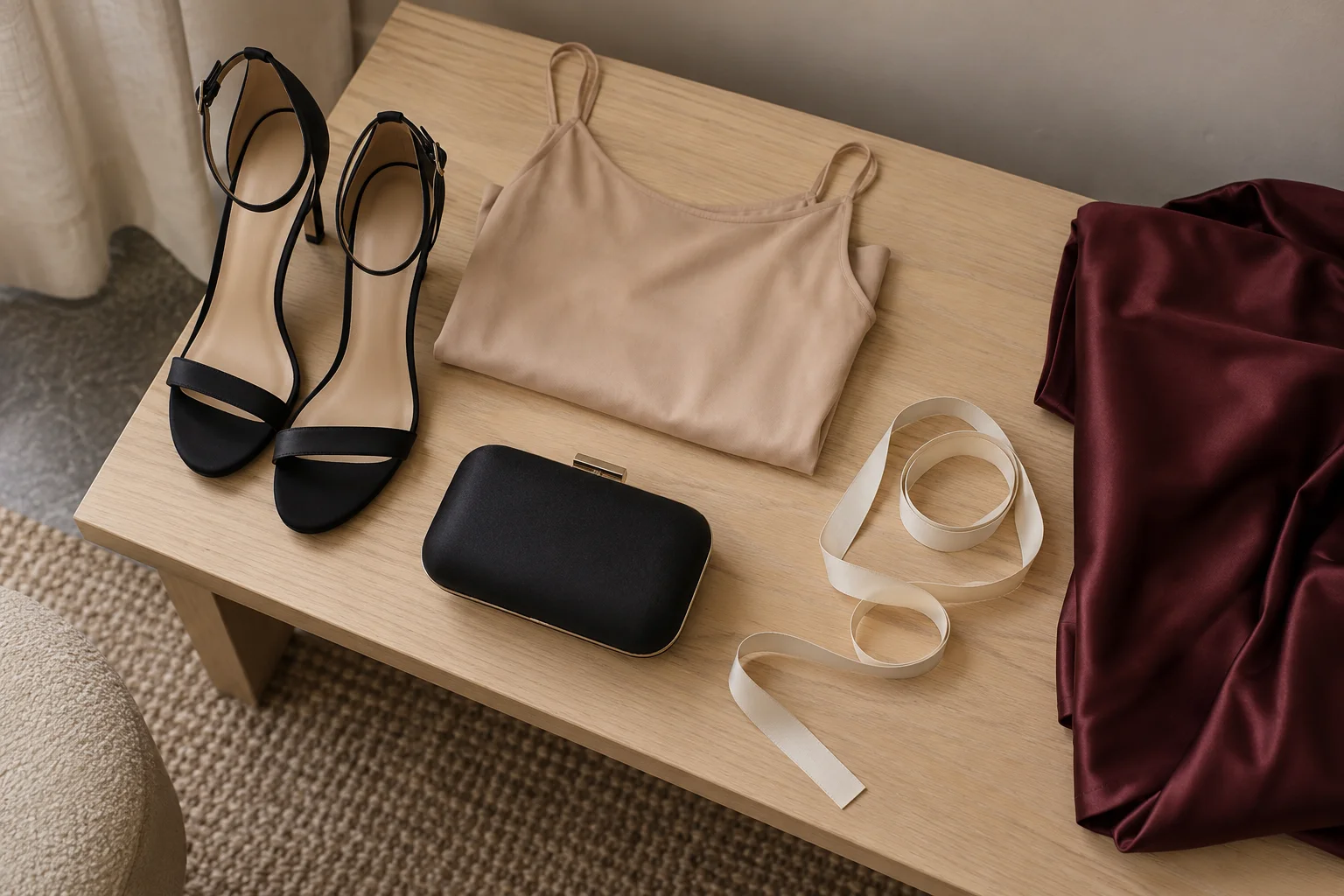Black heels and a clutch beside a beige camisole, cream ribbon and folded burgundy fabric on a wooden bench.