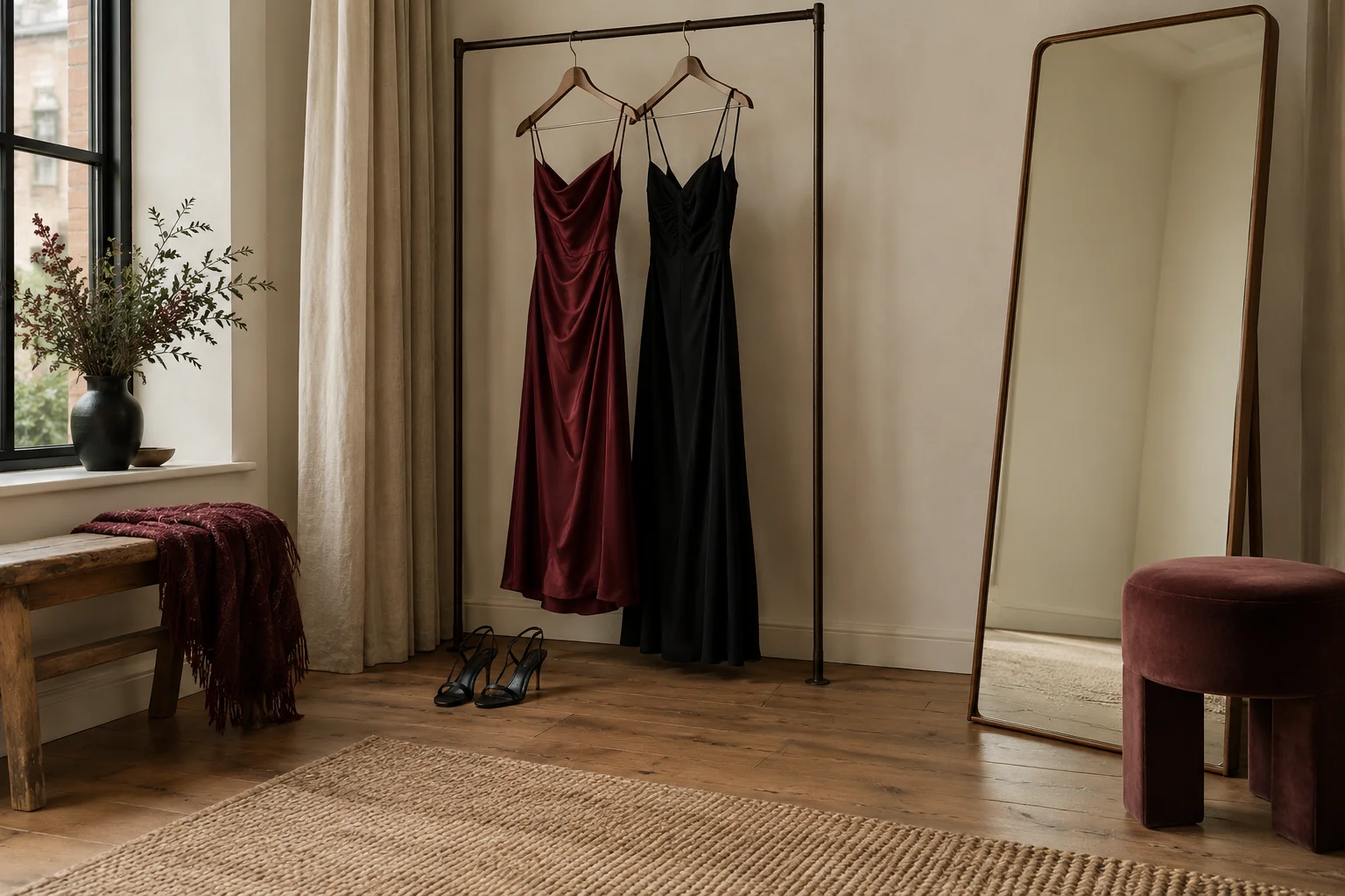 Burgundy and black dresses on a rail beside a full-length mirror and black heels.