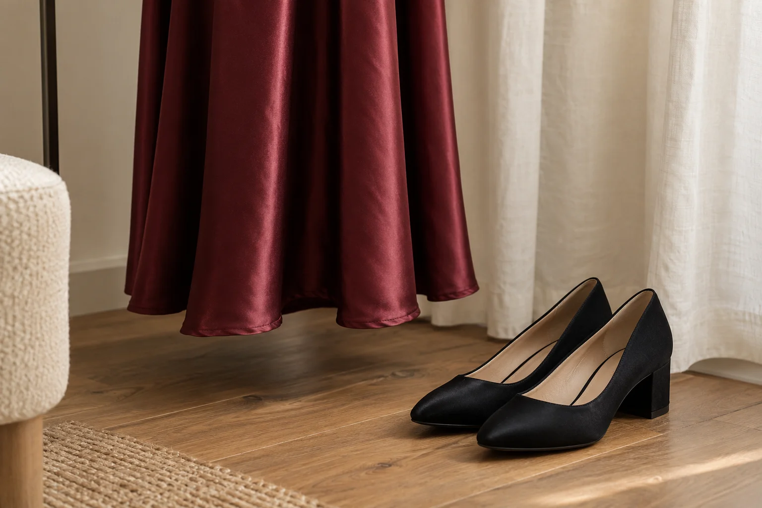 A burgundy satin dress hem hanging above a wooden floor beside black block-heel shoes.