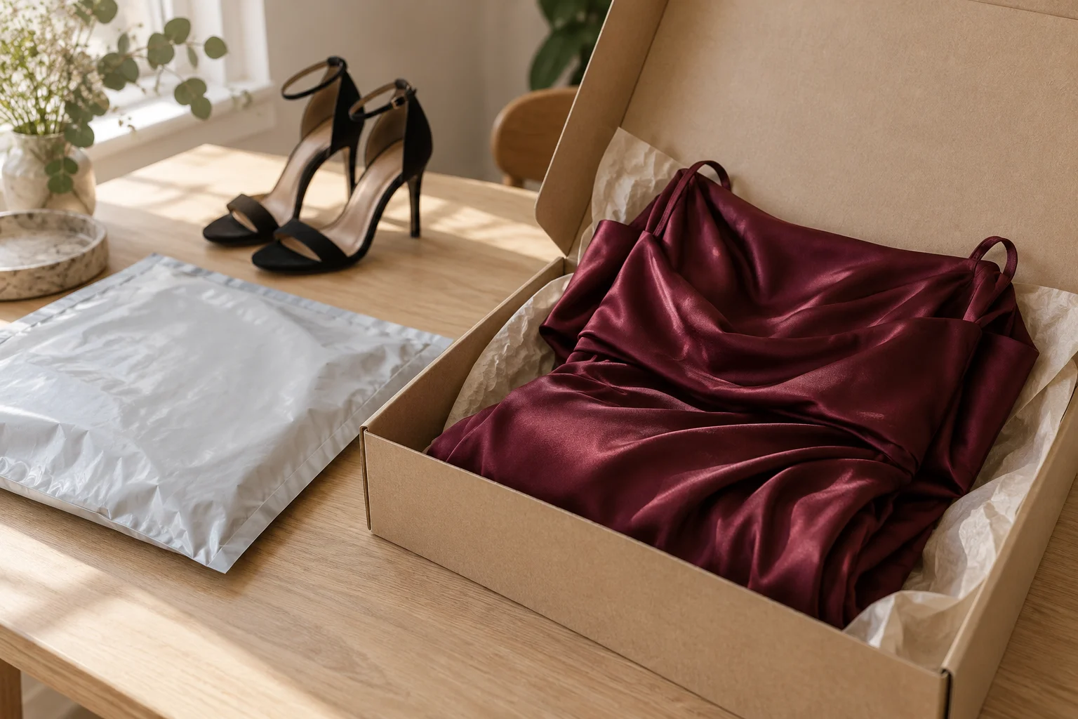 A burgundy satin dress inside an open cardboard box beside a grey mailing satchel and black heels.