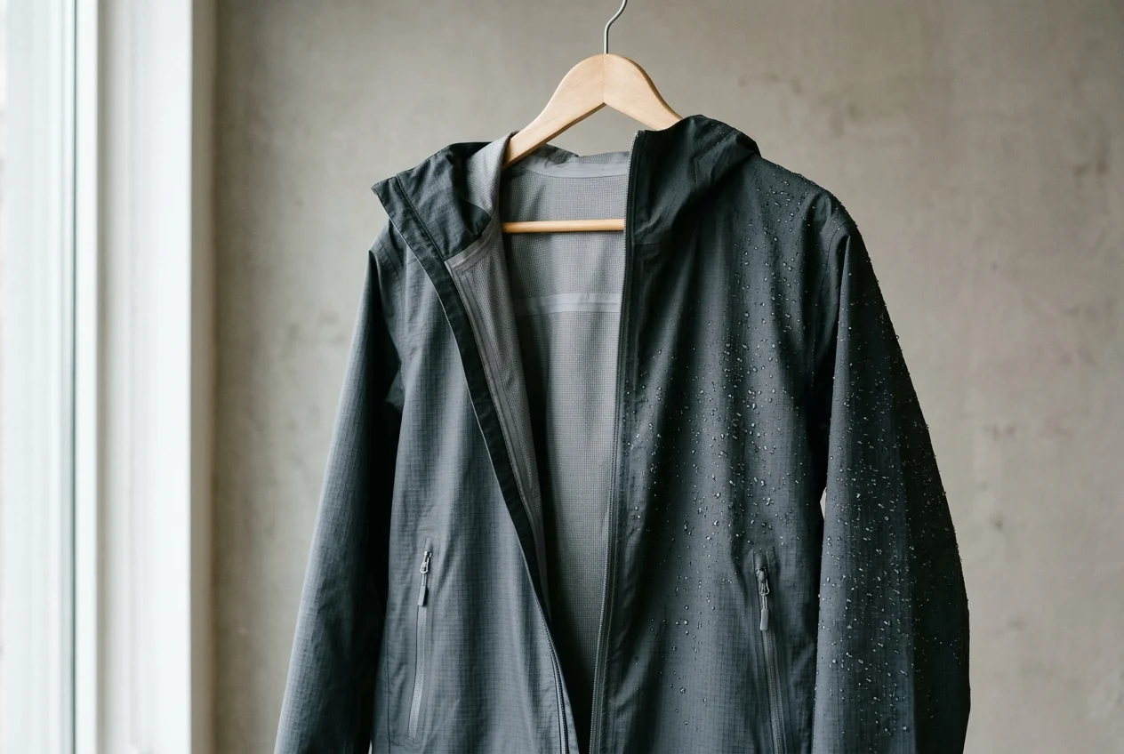 Dark slate-grey ripstop nylon rain shell jacket on a wooden hanger showing water droplets beading on the outer grid weave and interior seam tape