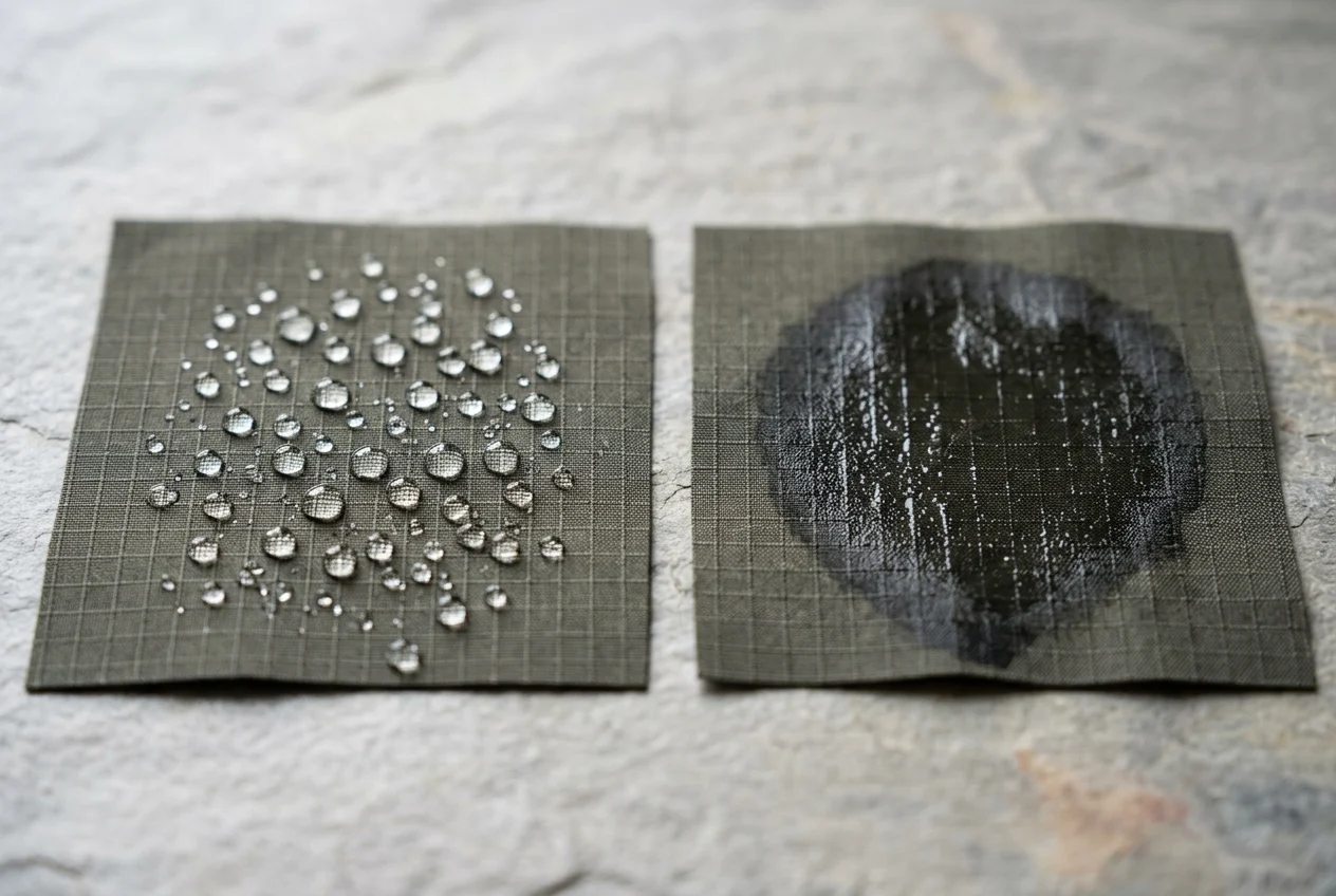 Olive-charcoal ripstop nylon swatches side by side showing beaded water droplets on the left and darkened surface wetting out on the right