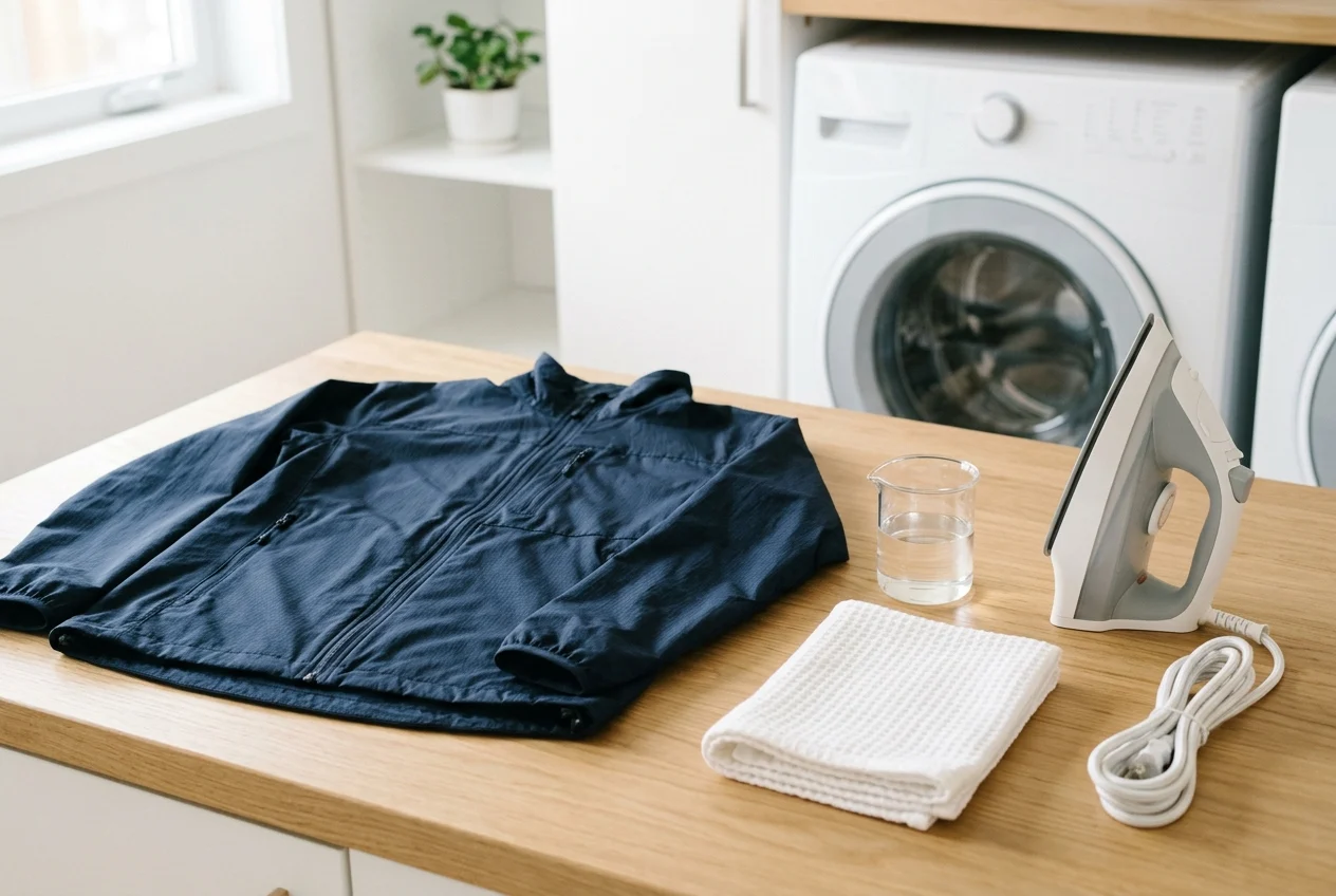 Closed dark navy ripstop nylon waterproof jacket on a laundry counter beside a cup of clear liquid wash, a folded white towel, and an unplugged clothes iron