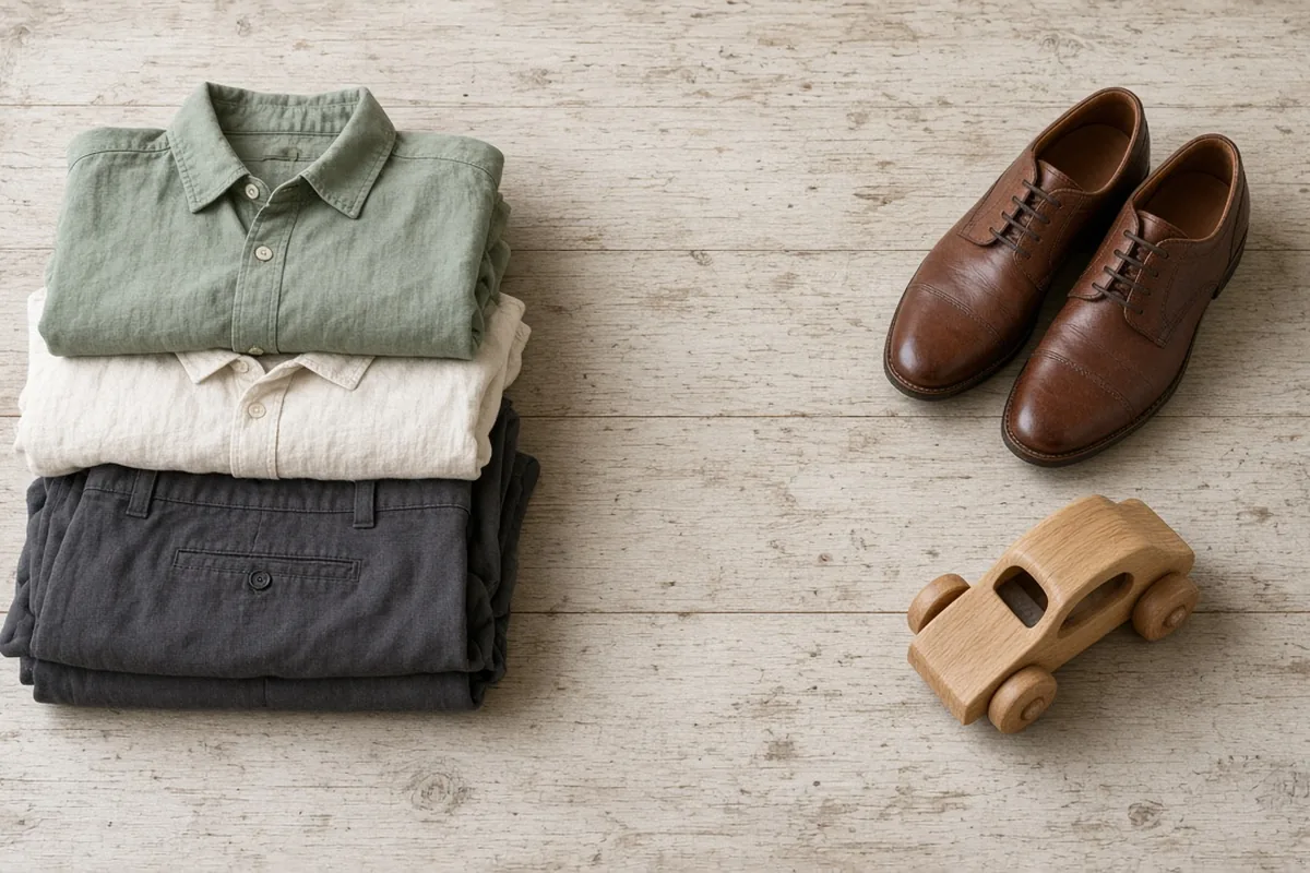 Folded adult shirts and trousers separated from brown shoes and a wooden toy car on a pale table