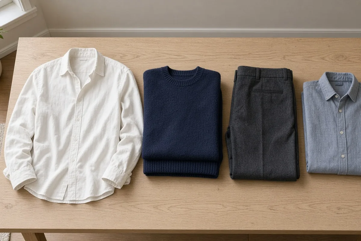 White shirt, navy knit, charcoal trousers and a blue shirt laid on a light wood table
