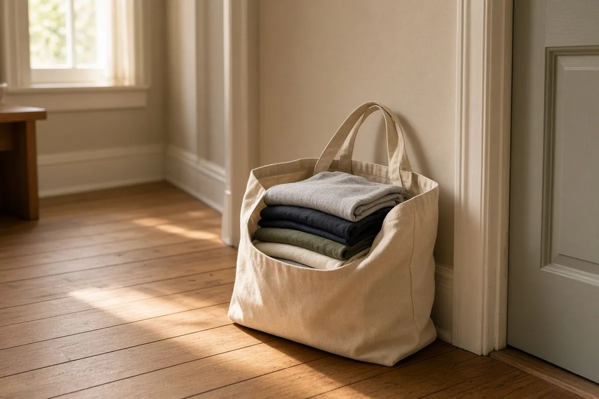 Canvas tote of folded clothes on a hallway floor beside a closed front door