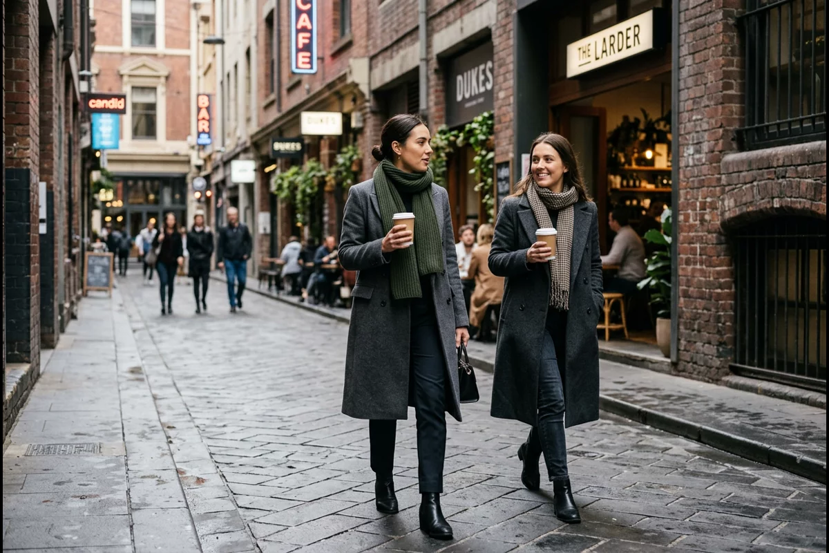 Editorial street style portrait of a stylish pedestrian walking along cobblestone Flinders Lane in Melbourne open shade