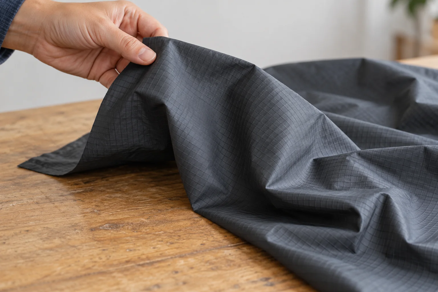 A hand lifting the edge of a dark ripstop swatch while the remaining fabric falls in loose folds