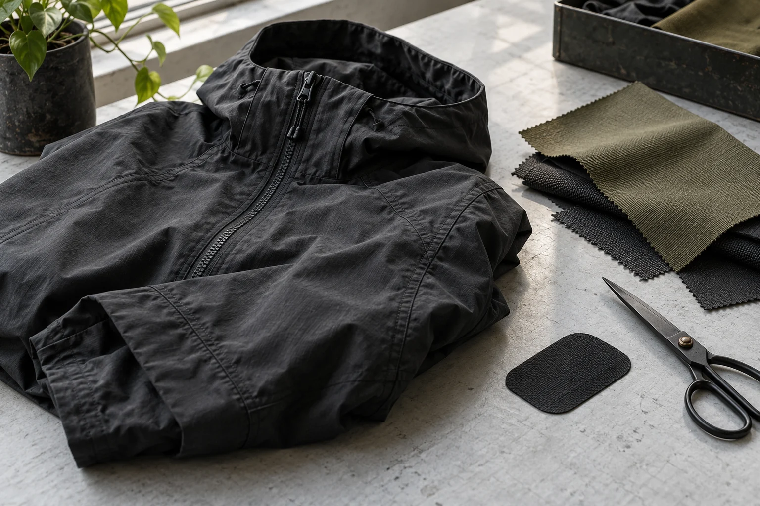 Outerwear fabric and patch repair workspace