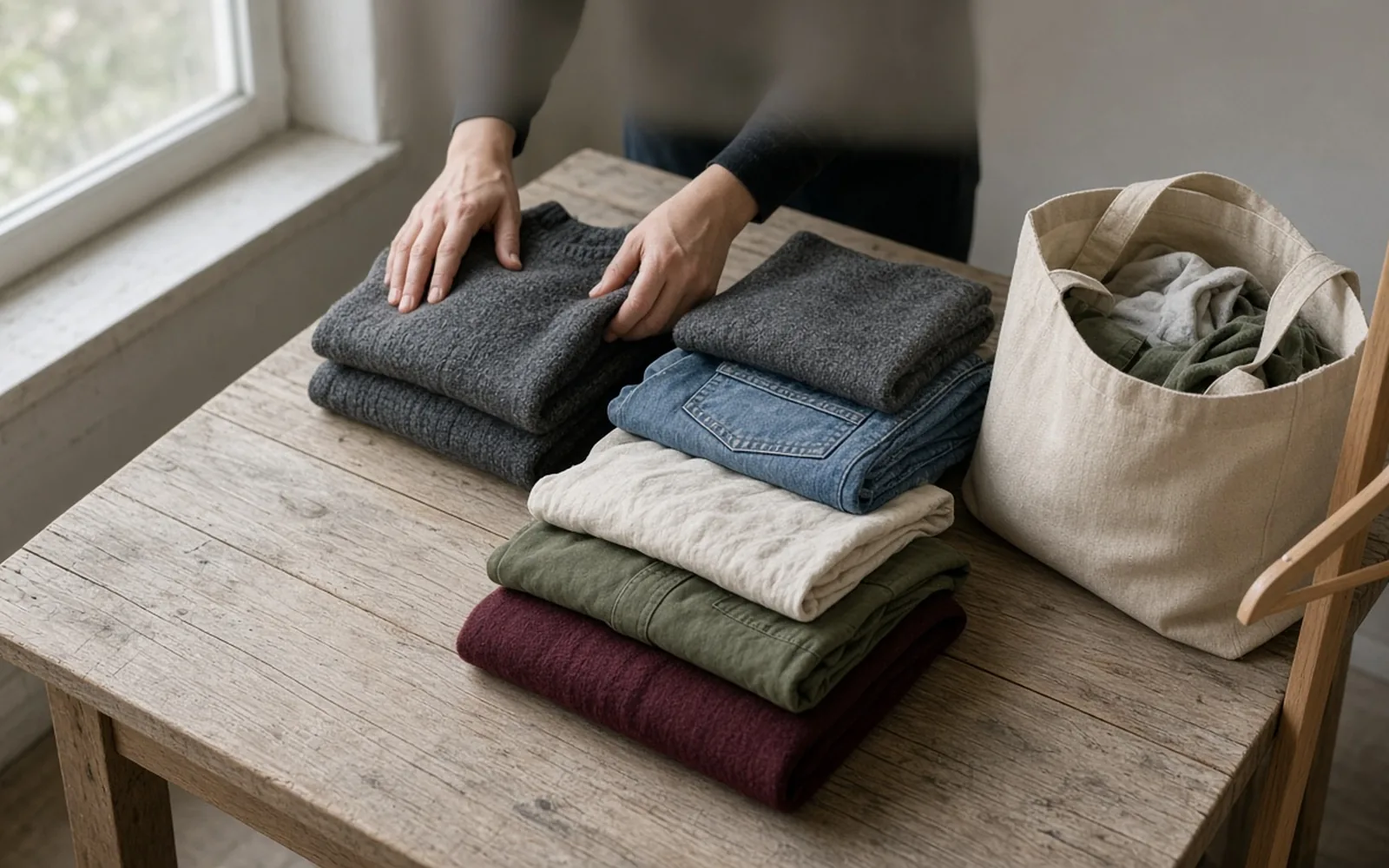 Hands folding a charcoal knit onto a pile of washed clothes beside a canvas tote, sorting a wardrobe to sell