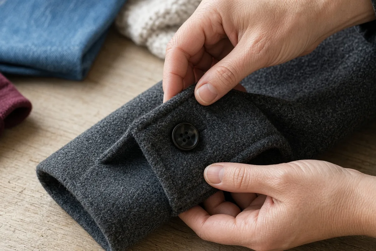 Close view of hands turning back a charcoal wool coat cuff to check the seam and button before selling