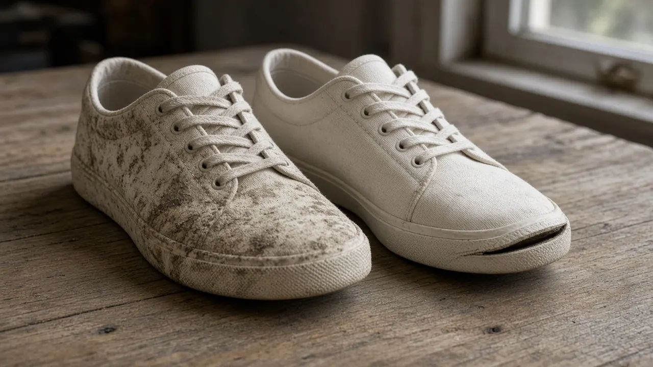 Two canvas sneakers on a wooden table, one muddy across the upper and one with the sole lifting at the toe