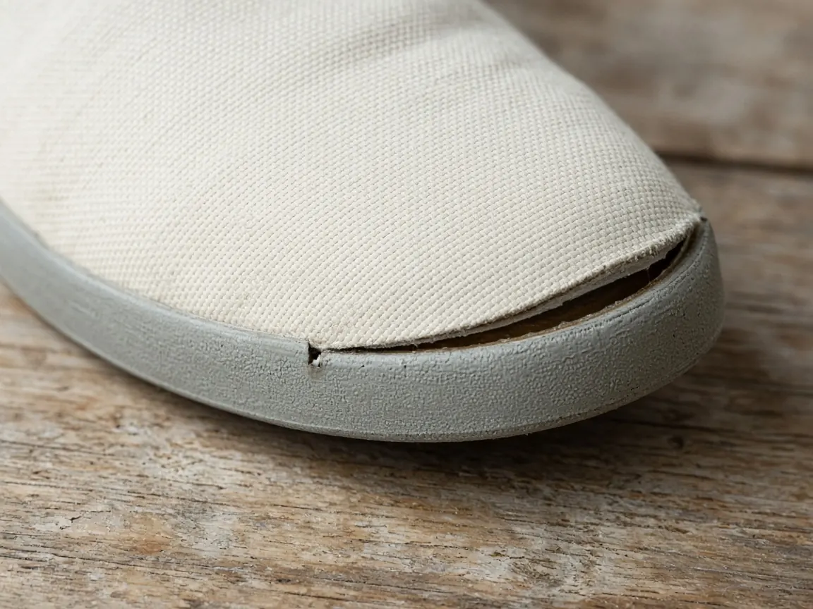 The toe of a canvas sneaker with the rubber sole lifted, leaving a dark gap
