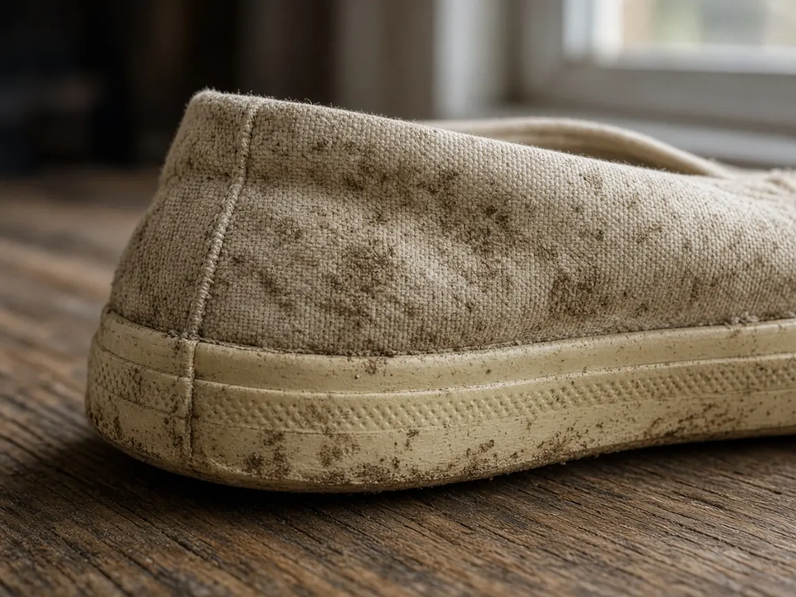 A canvas sneaker upper speckled with dried mud, the rubber sole still attached along the side