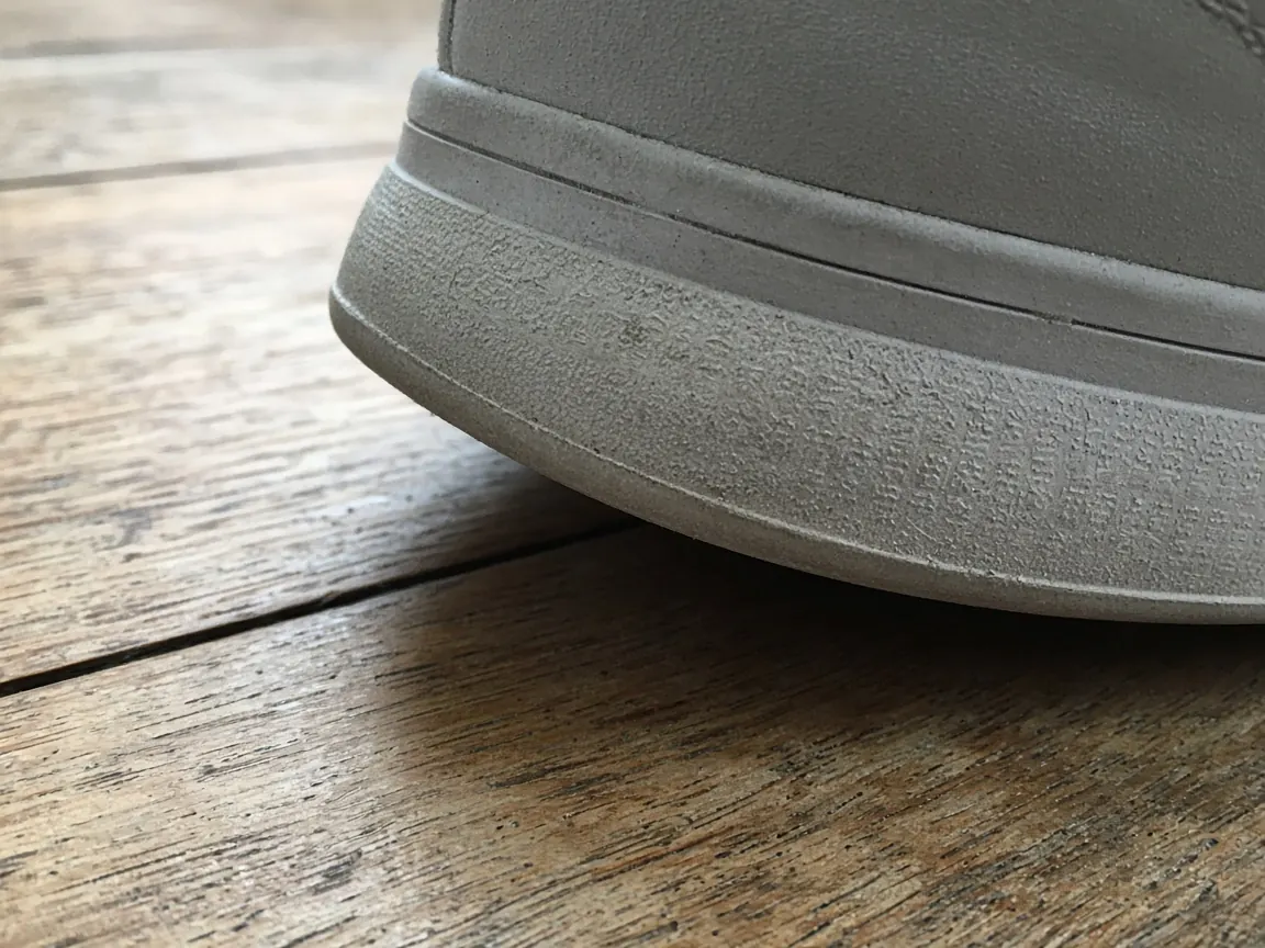 A grey rubber sole edge, smoother and scuffed along the bottom than on the sidewall