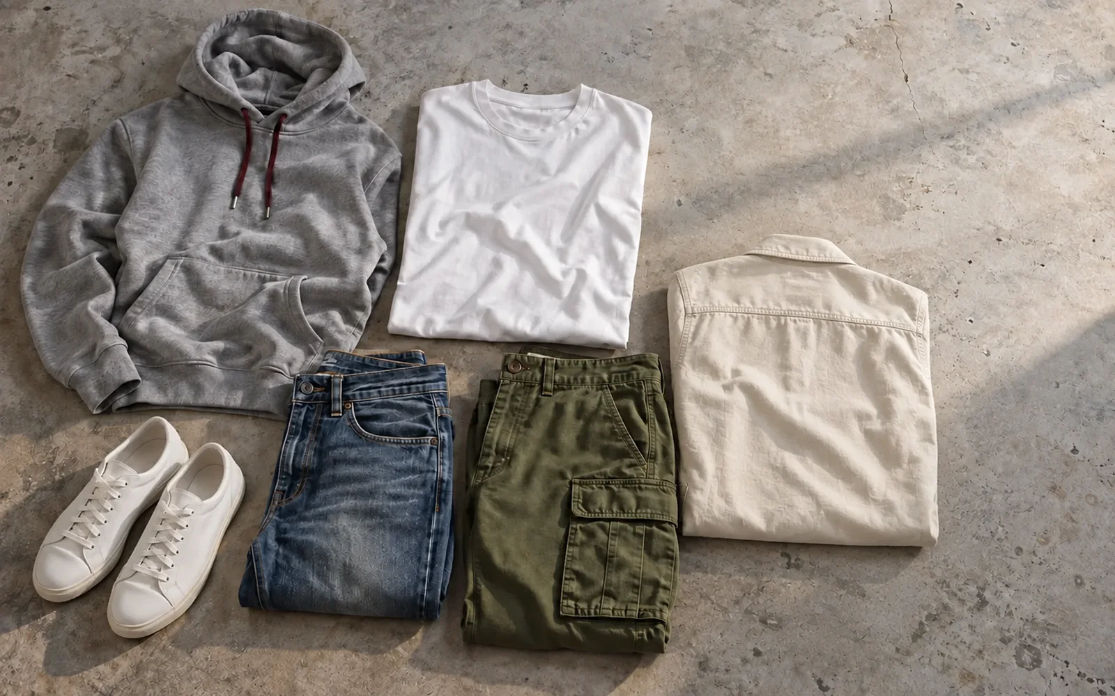 Illustrative flat lay of core streetwear pieces: a grey hoodie, white tee, washed denim, cargo trousers, an overshirt and clean sneakers