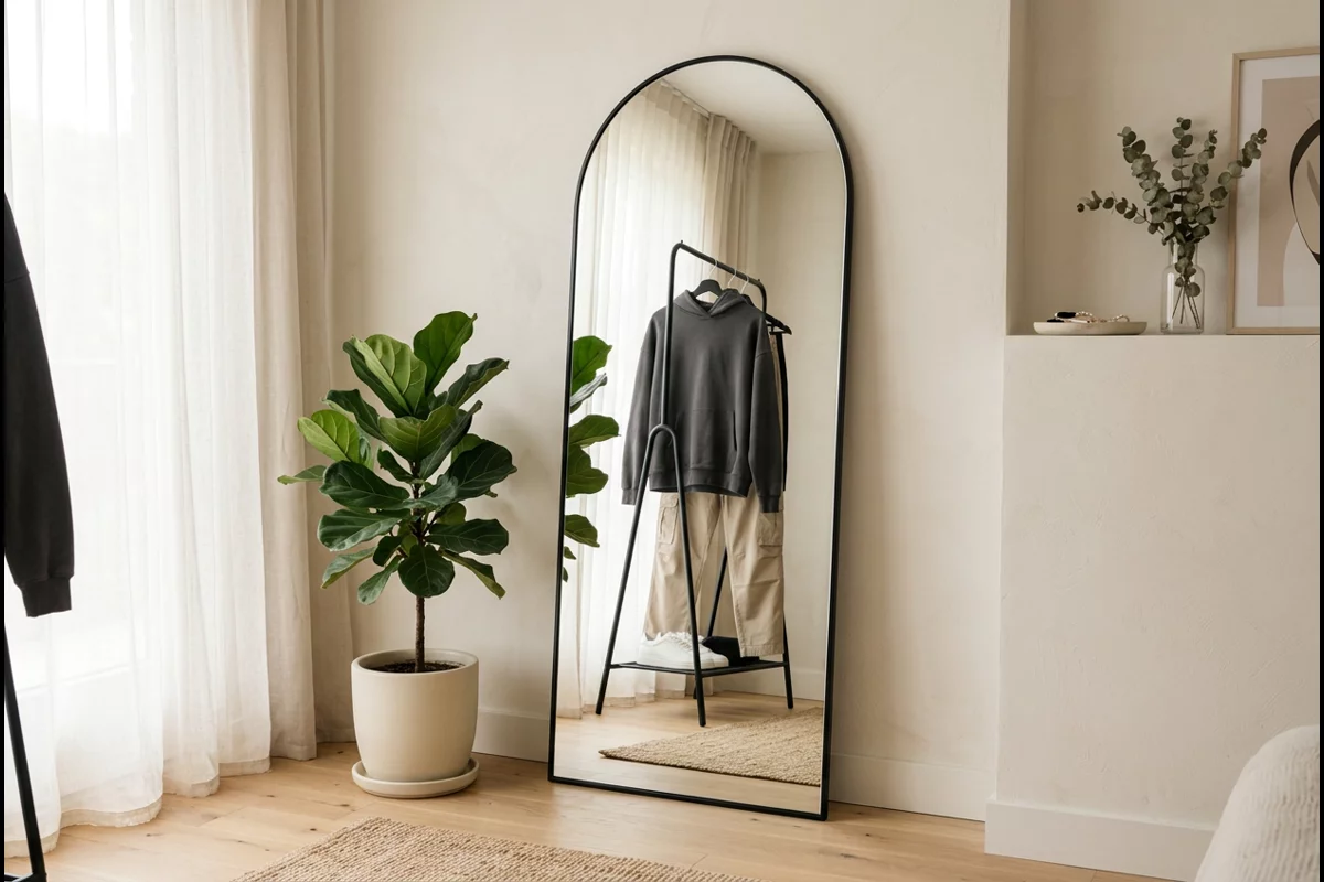 Modern dressing corner with tall arched floor mirror reflecting an assembled casual streetwear outfit