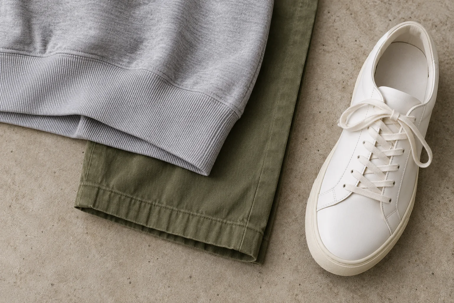 Gray sweatshirt hem overlapping an olive trouser hem beside a plain white sneaker