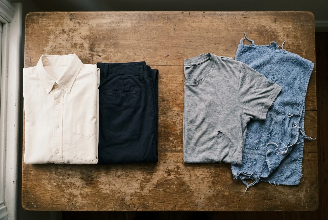A cream shirt and navy trousers separated from a holed grey T-shirt and frayed blue towel on a wooden table