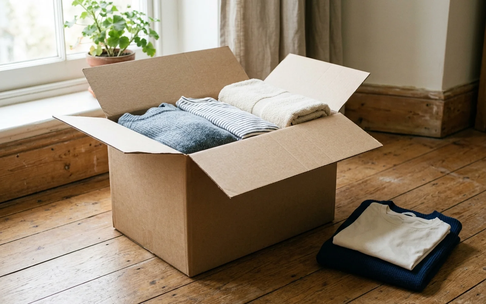 An open cardboard box of folded clothes and towels beside a window