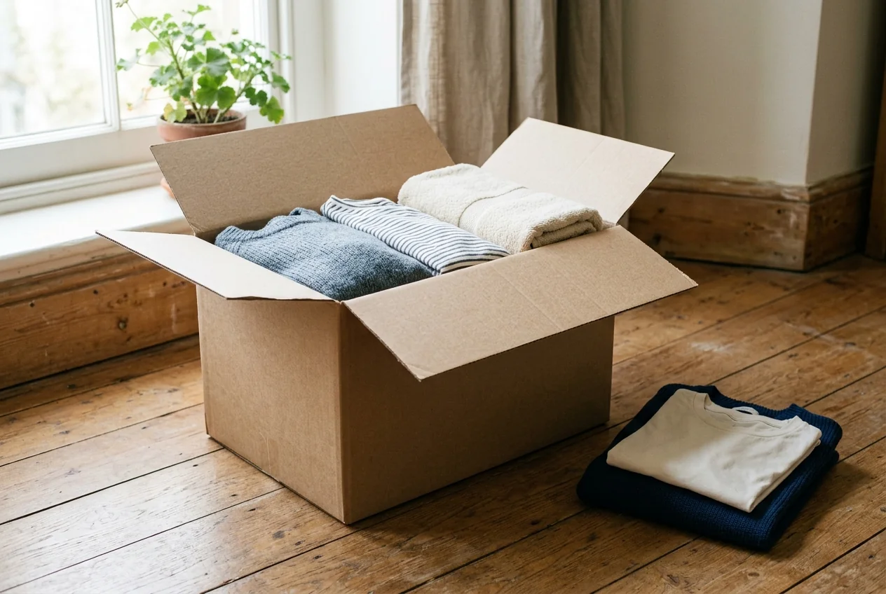 Folded clothes and towels inside a plain open cardboard box with two garments on the floor beside it