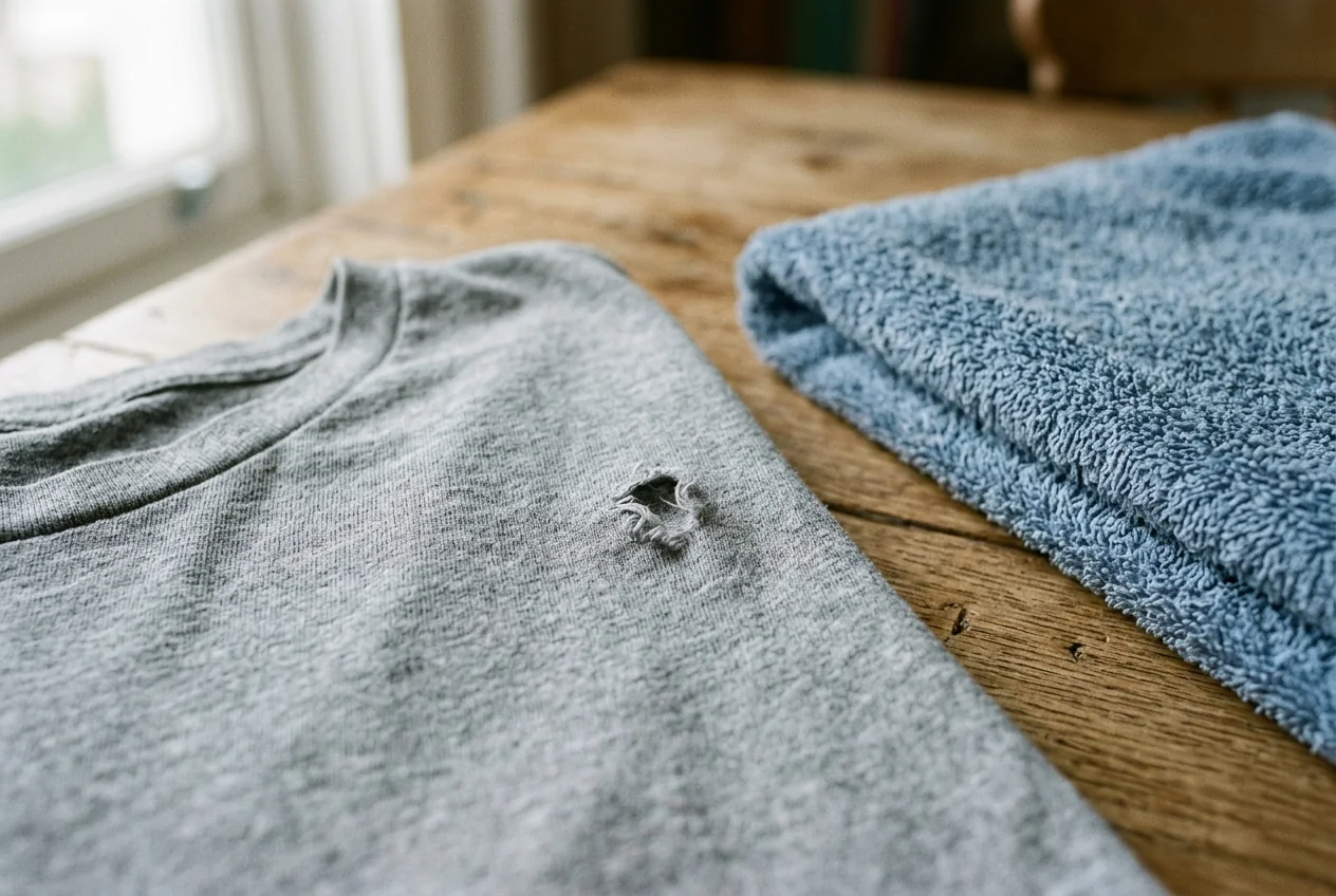 A small frayed hole in a grey T-shirt beside a folded blue towel