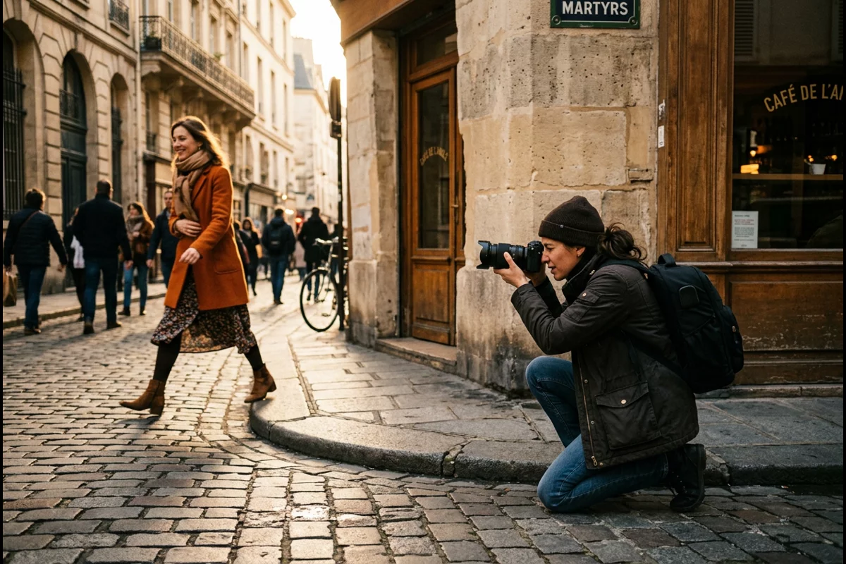 Street photographer crouching at waist level on a city sidewalk to photograph full-length street style outfits