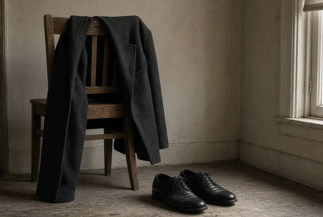A charcoal wool blazer draped over a wooden chair beside a pair of black leather lace-up shoes on a worn timber floor.