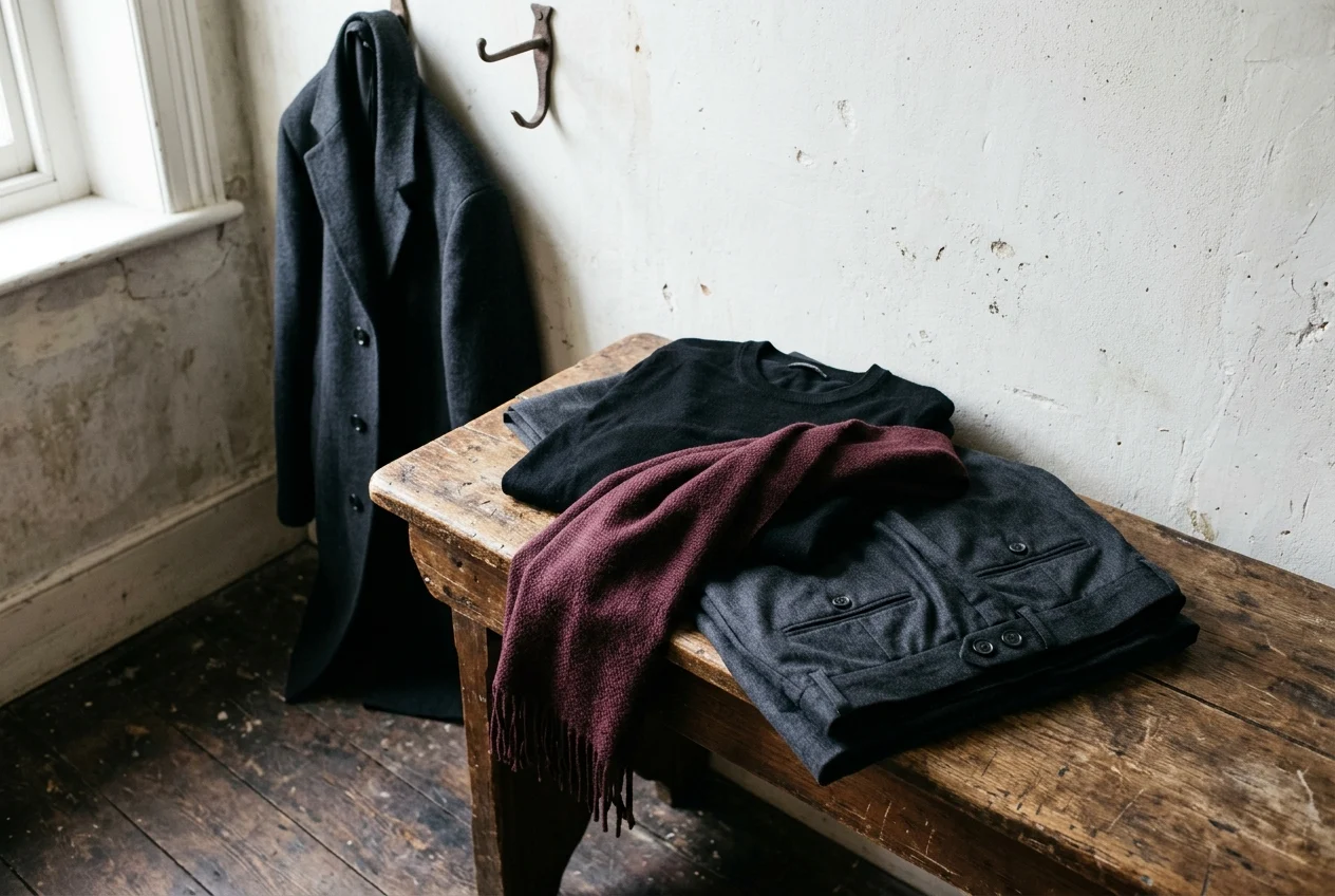 Charcoal tailored wool trousers, a fine-gauge black merino crew-neck knit and a burgundy woven scarf on a timber hallway bench with a dark overcoat on a wall hook.